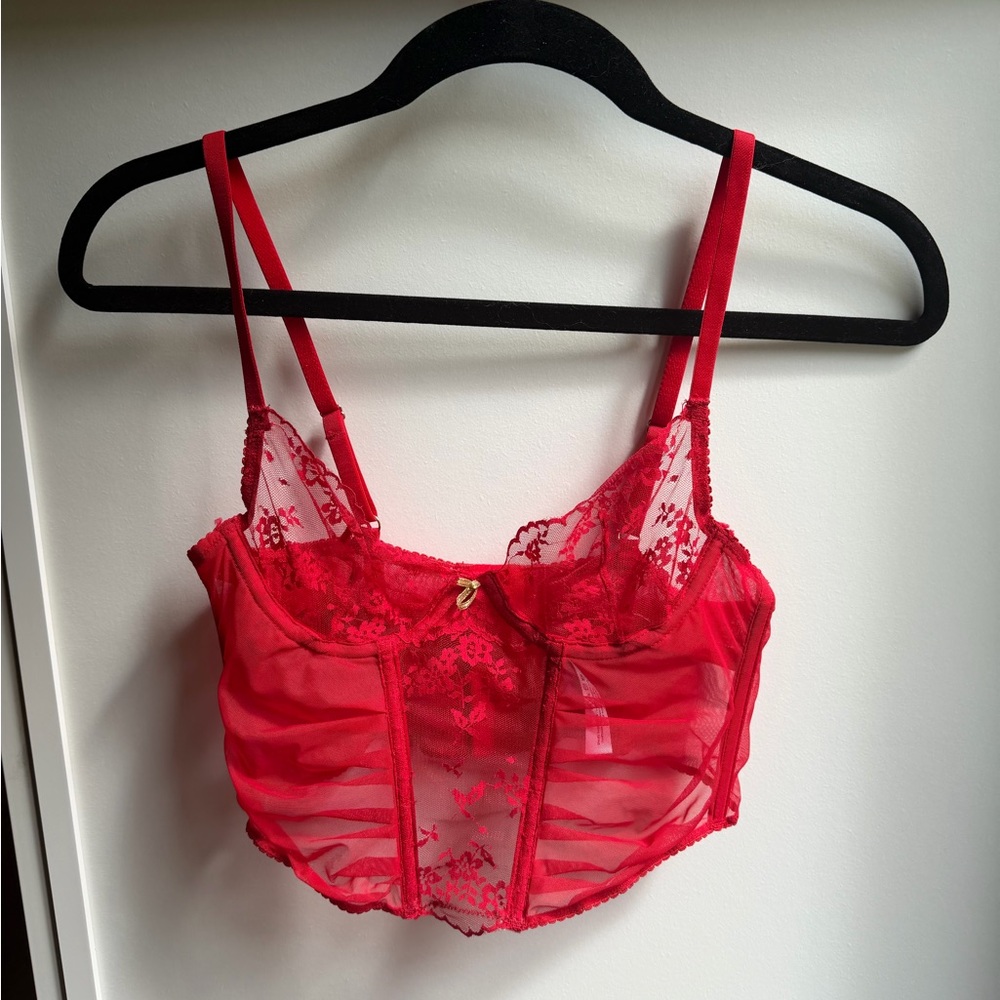 Adore Me Red Lace Sheer Bustier Top